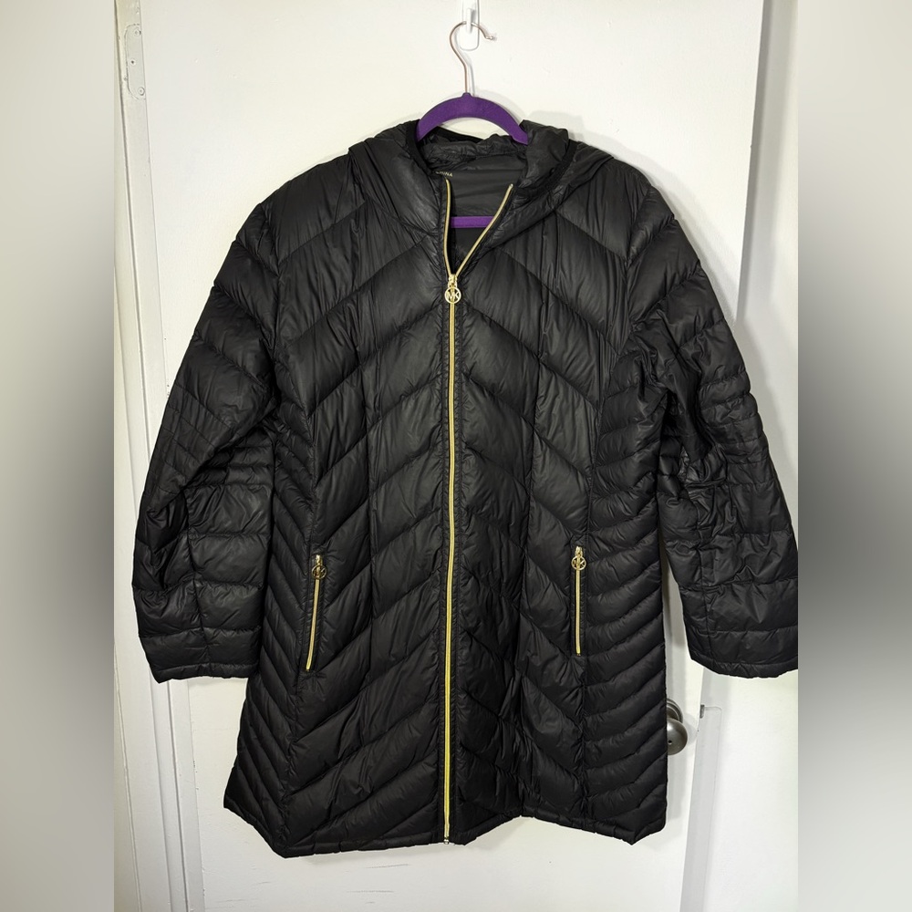 Michael Kors Hooded Long Puffer Coat with Gold Trim